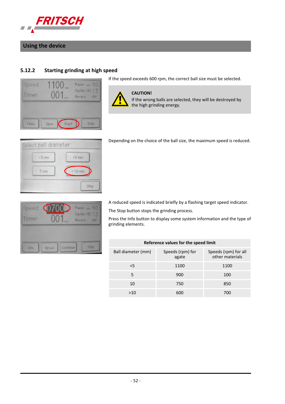 2 starting grinding at high speed, Using the device | FRITSCH PULVERISETTE 7 premium line User Manual | Page 52 / 112