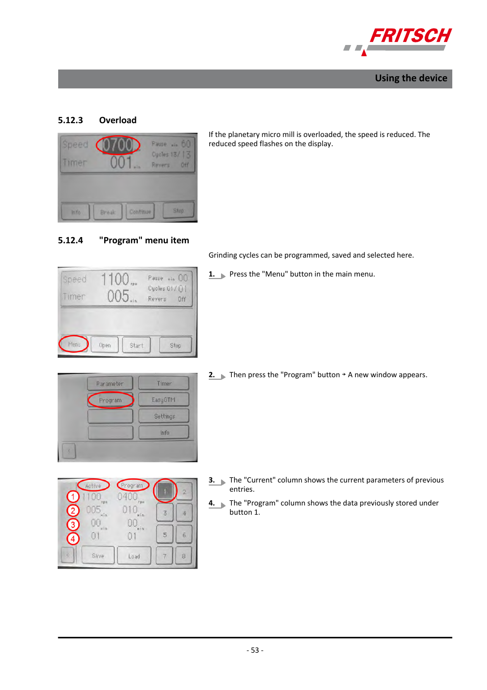 3 overload, 4 "program" menu item, 3 overload 5.12.4 "program" menu item | FRITSCH PULVERISETTE 7 premium line User Manual | Page 53 / 112