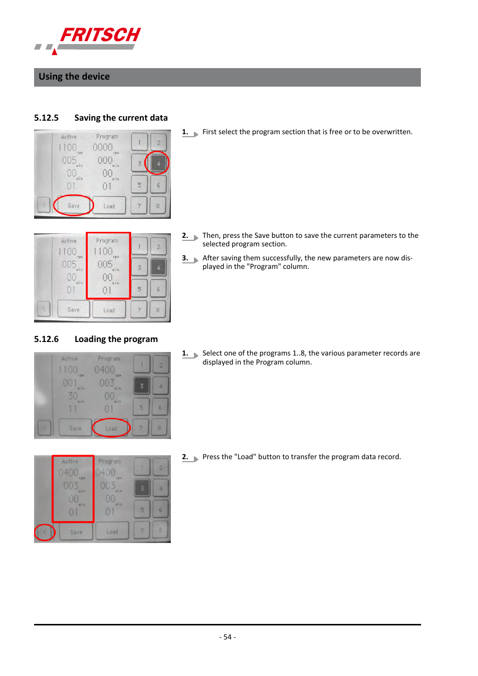 5 saving the current data, 6 loading the program | FRITSCH PULVERISETTE 7 premium line User Manual | Page 54 / 112