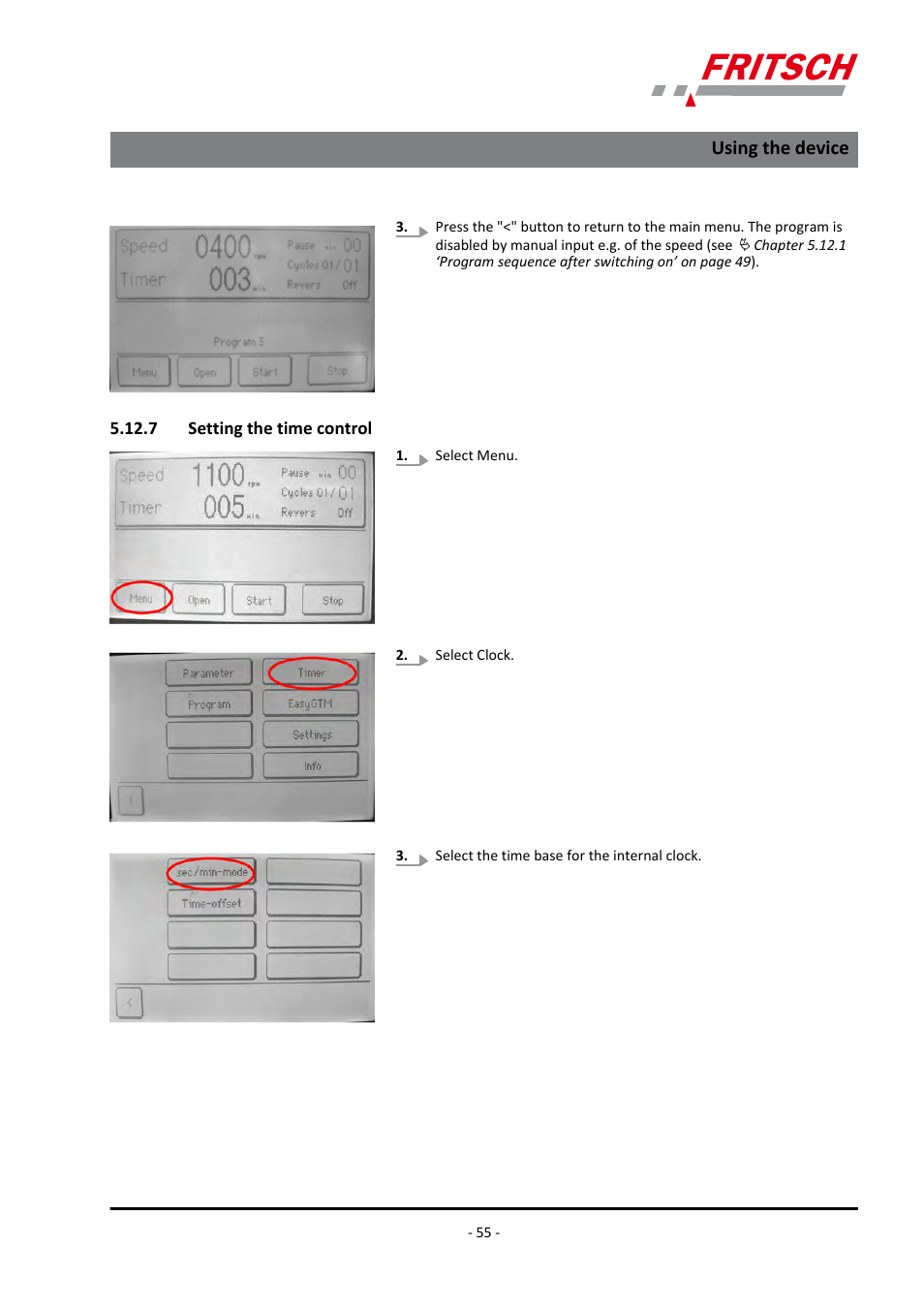 7 setting the time control, Using the device | FRITSCH PULVERISETTE 7 premium line User Manual | Page 55 / 112