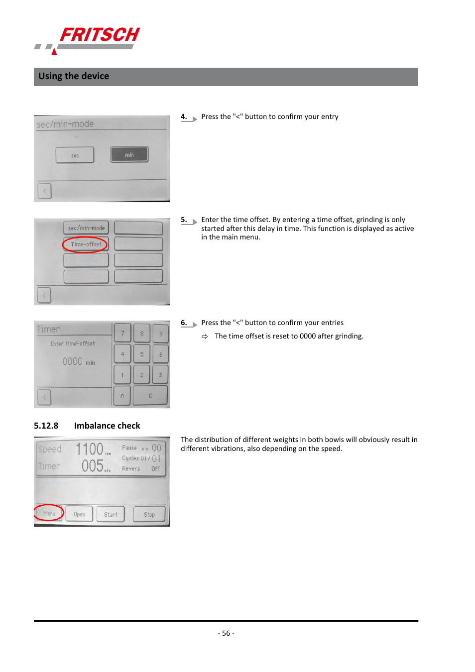 8 imbalance check, Using the device | FRITSCH PULVERISETTE 7 premium line User Manual | Page 56 / 112