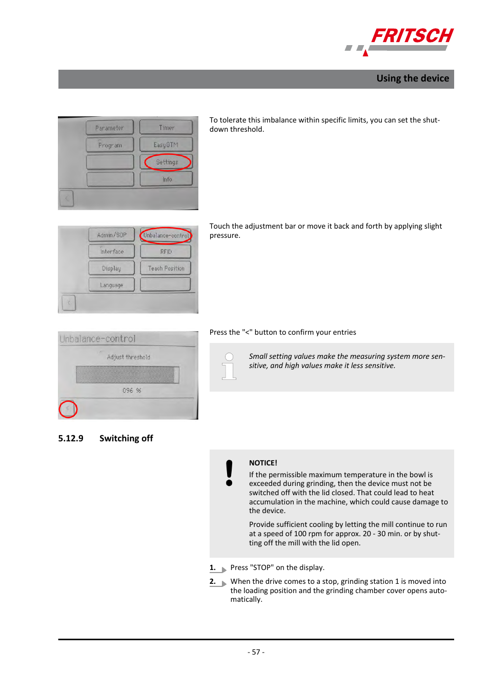 9 switching off, Using the device | FRITSCH PULVERISETTE 7 premium line User Manual | Page 57 / 112