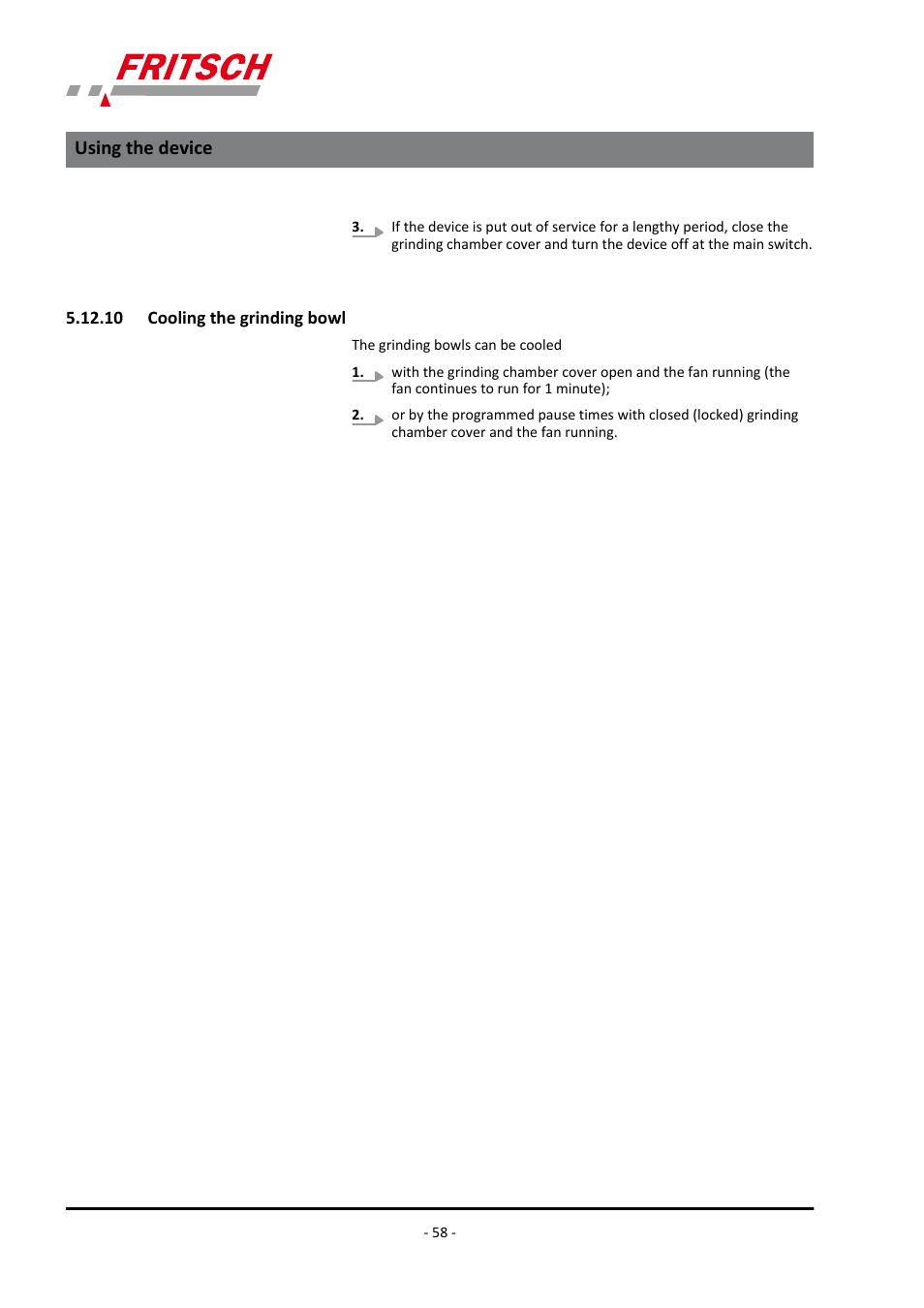 10 cooling the grinding bowl, Ä chapter 5.12.10 ‘cooling the, Ä chapter 5.12.10 ‘cooling the grinding | Using the device | FRITSCH PULVERISETTE 7 premium line User Manual | Page 58 / 112