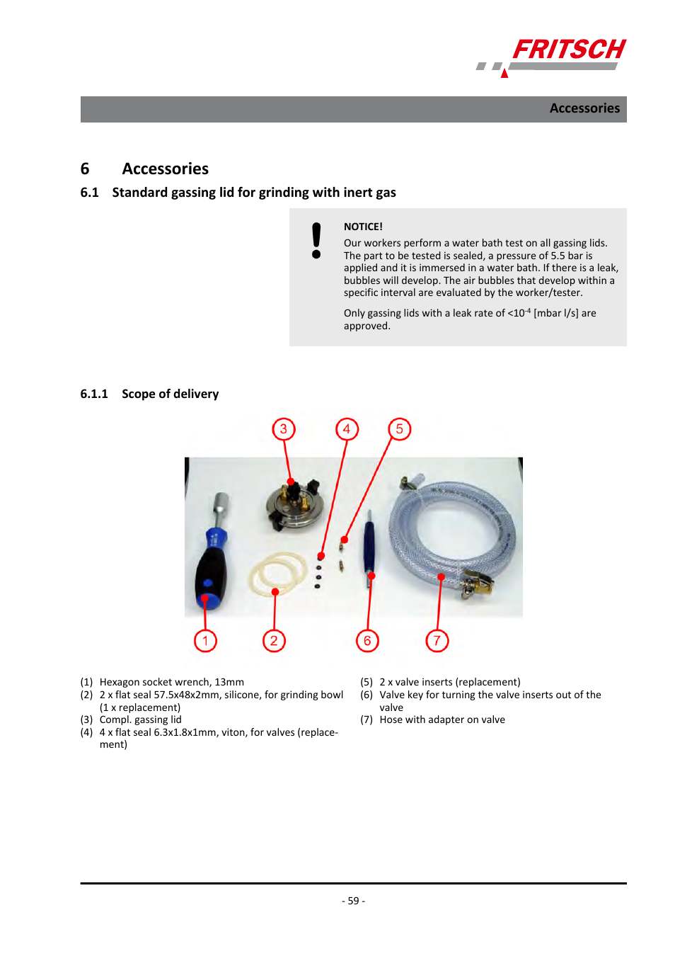6 accessories, 1 standard gassing lid for grinding with inert gas, 1 scope of delivery | 6accessories | FRITSCH PULVERISETTE 7 premium line User Manual | Page 59 / 112