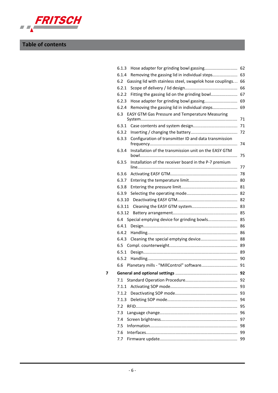 FRITSCH PULVERISETTE 7 premium line User Manual | Page 6 / 112