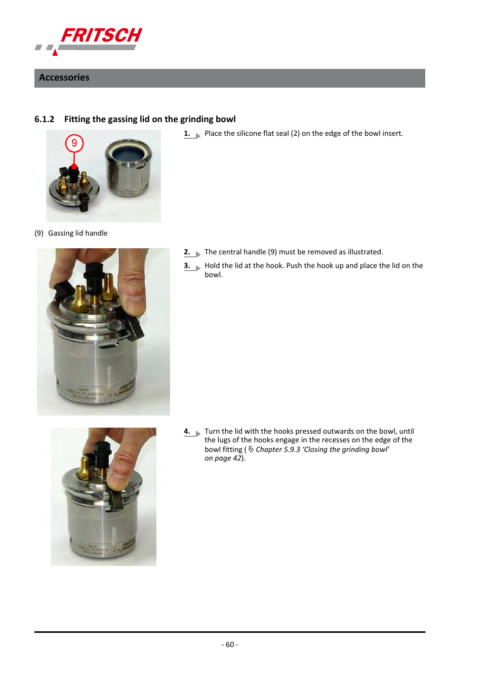 2 fitting the gassing lid on the grinding bowl, Accessories | FRITSCH PULVERISETTE 7 premium line User Manual | Page 60 / 112