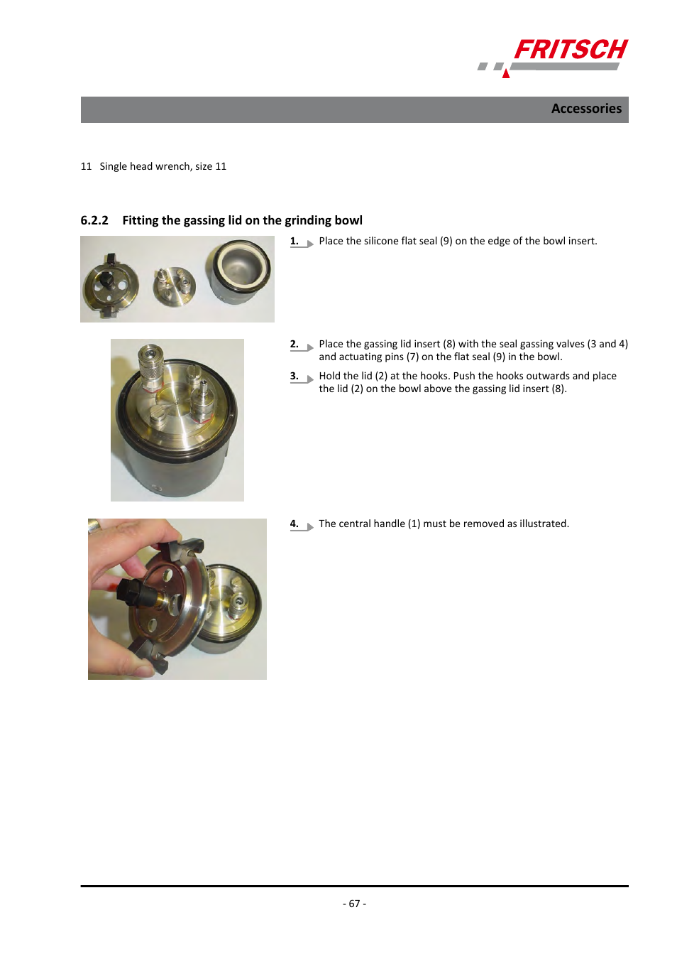 2 fitting the gassing lid on the grinding bowl, Accessories | FRITSCH PULVERISETTE 7 premium line User Manual | Page 67 / 112