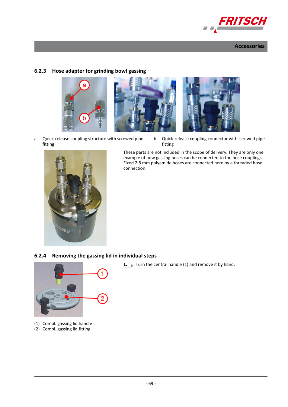 3 hose adapter for grinding bowl gassing, 4 removing the gassing lid in individual steps, Accessories | FRITSCH PULVERISETTE 7 premium line User Manual | Page 69 / 112