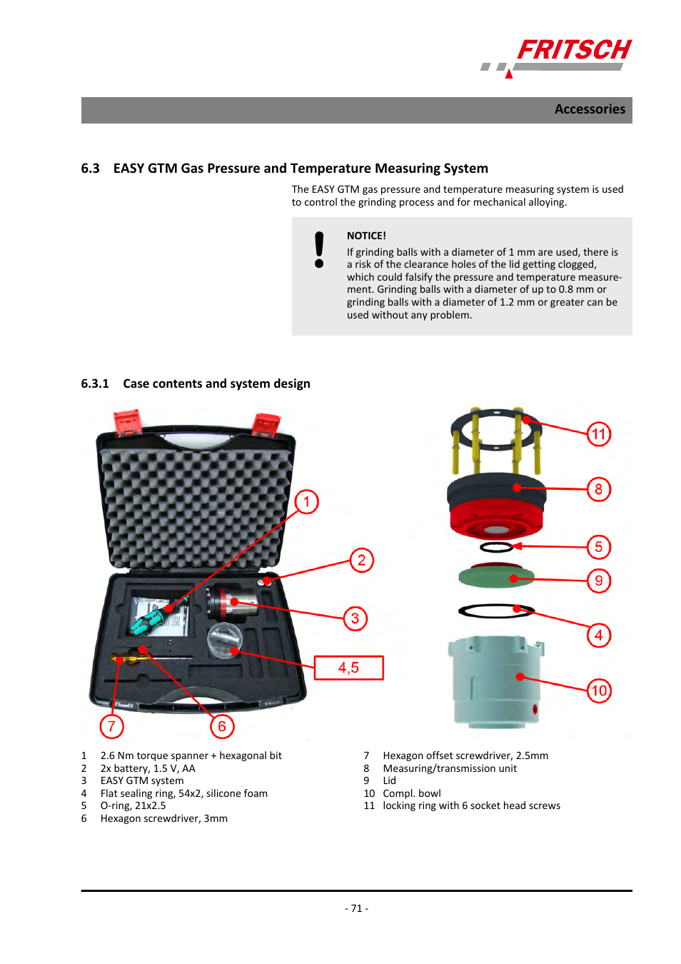 1 case contents and system design, 3 easy gtm gas pressure and temperature measuring, System | Accessories | FRITSCH PULVERISETTE 7 premium line User Manual | Page 71 / 112