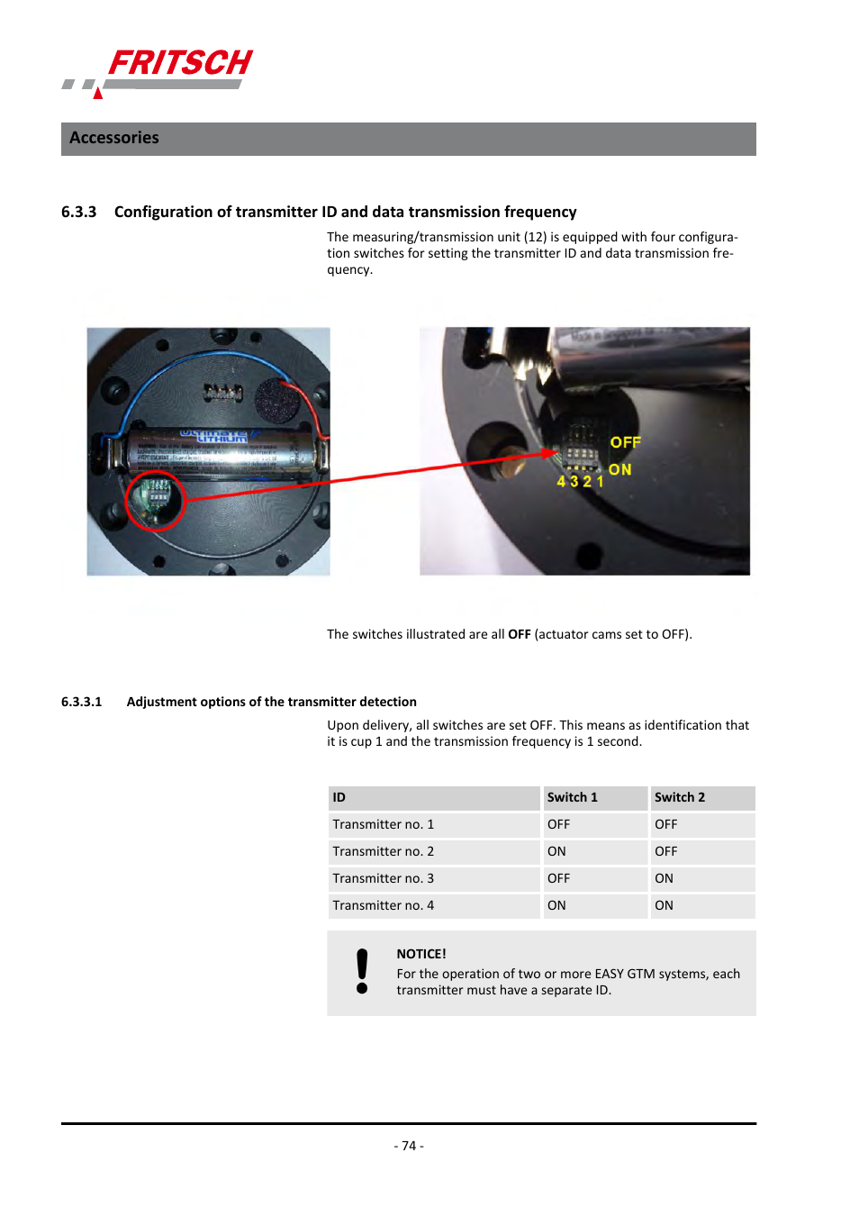 1 adjustment options of the transmitter detection, Frequency, Accessories | FRITSCH PULVERISETTE 7 premium line User Manual | Page 74 / 112