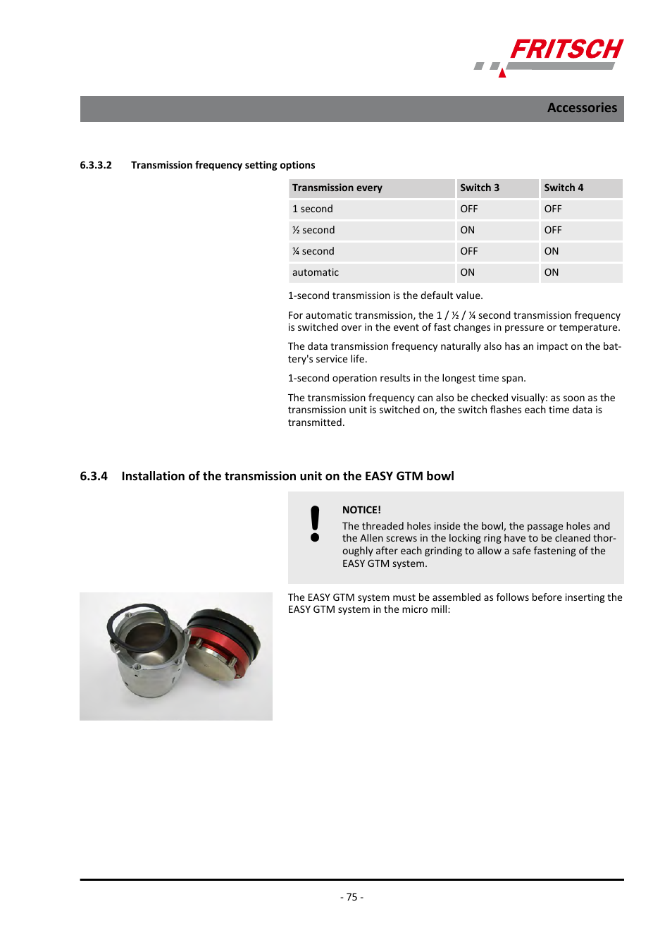 2 transmission frequency setting options, Bowl, Accessories | FRITSCH PULVERISETTE 7 premium line User Manual | Page 75 / 112