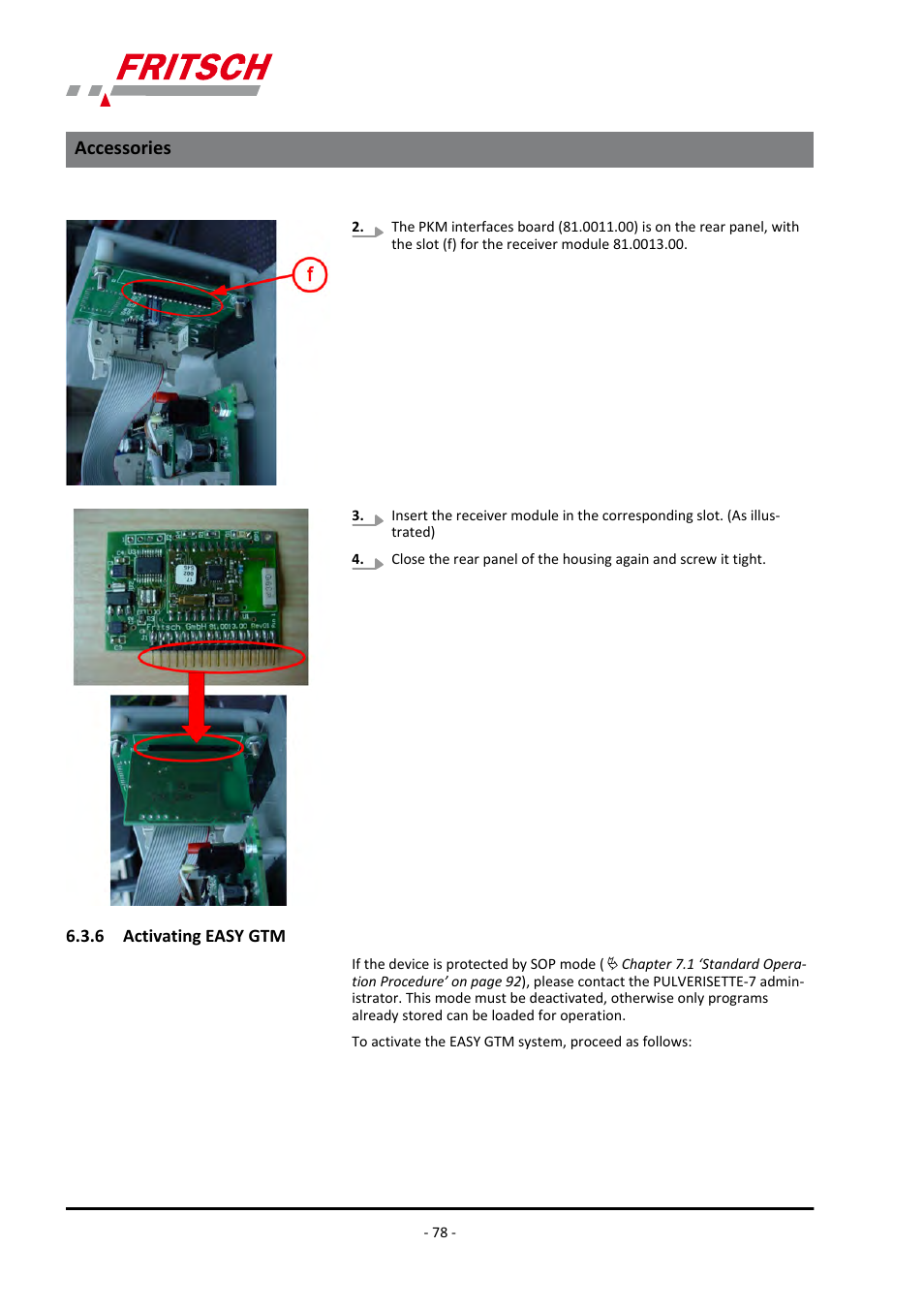 6 activating easy gtm, Accessories | FRITSCH PULVERISETTE 7 premium line User Manual | Page 78 / 112