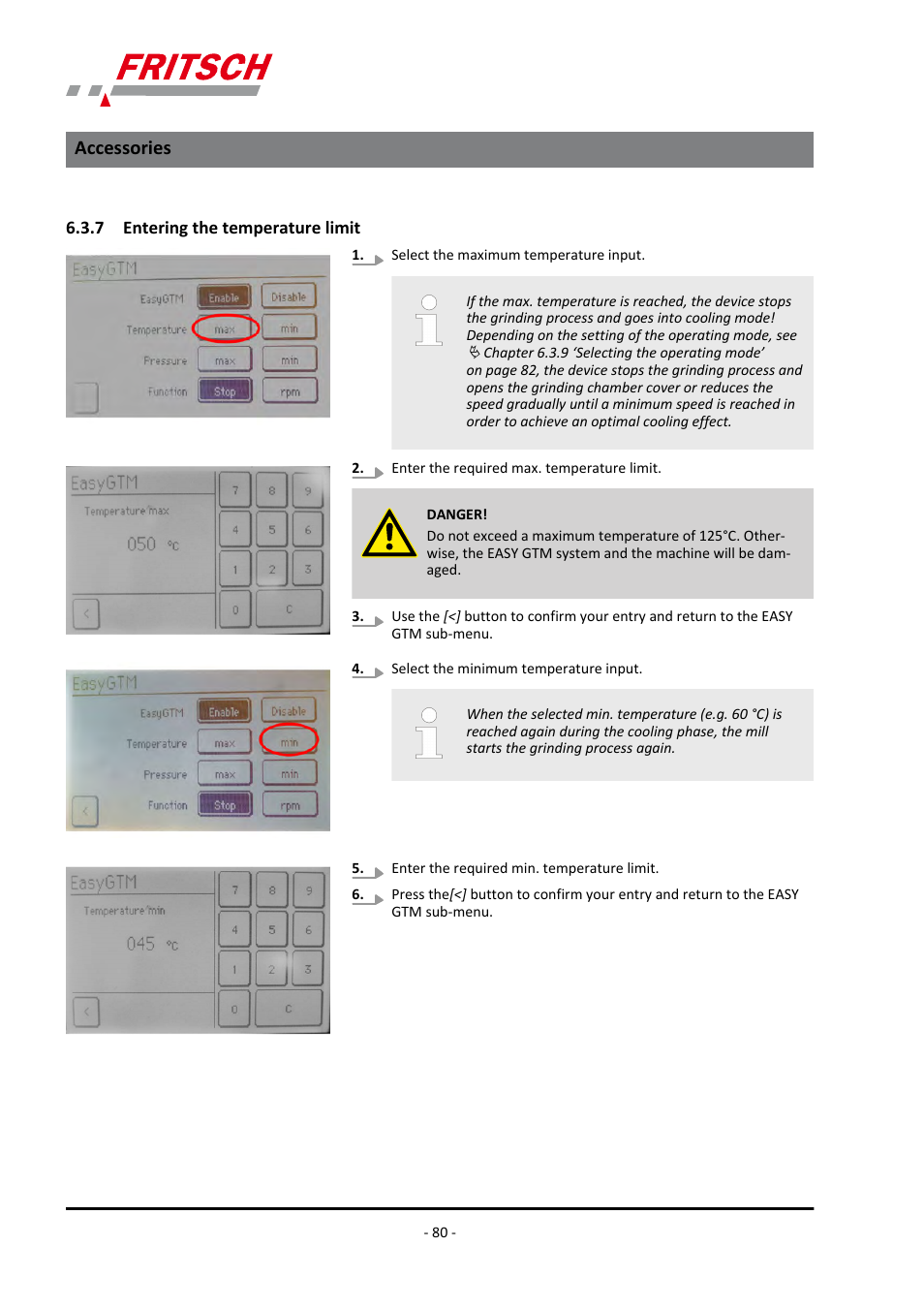 7 entering the temperature limit, Accessories | FRITSCH PULVERISETTE 7 premium line User Manual | Page 80 / 112