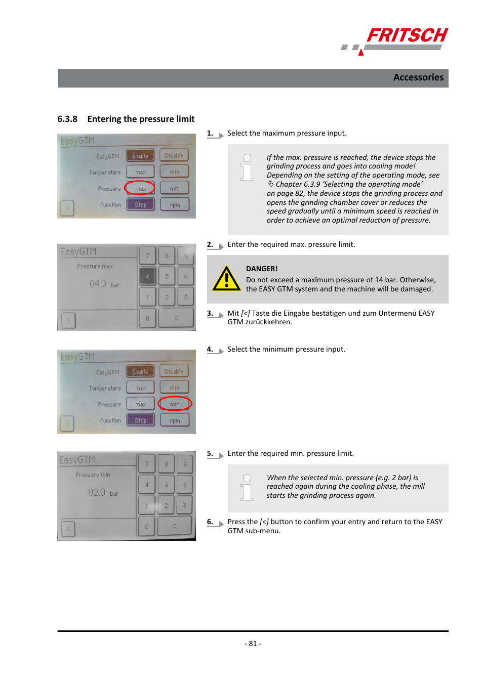 8 entering the pressure limit, Accessories | FRITSCH PULVERISETTE 7 premium line User Manual | Page 81 / 112