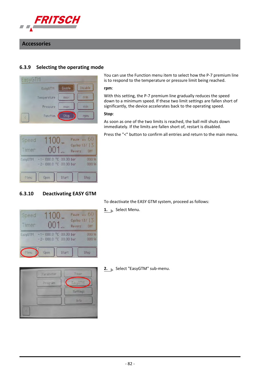 9 selecting the operating mode, 10 deactivating easy gtm | FRITSCH PULVERISETTE 7 premium line User Manual | Page 82 / 112