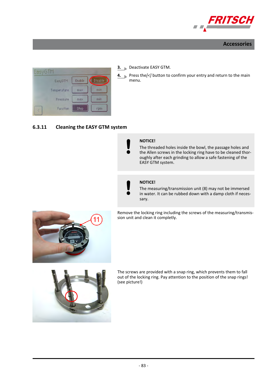 11 cleaning the easy gtm system, Accessories | FRITSCH PULVERISETTE 7 premium line User Manual | Page 83 / 112