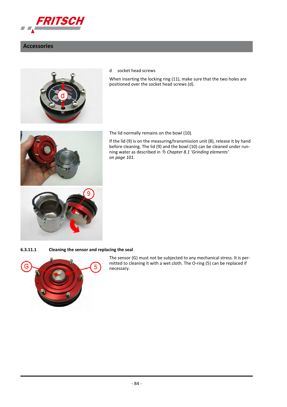 1 cleaning the sensor and replacing the seal, Accessories | FRITSCH PULVERISETTE 7 premium line User Manual | Page 84 / 112