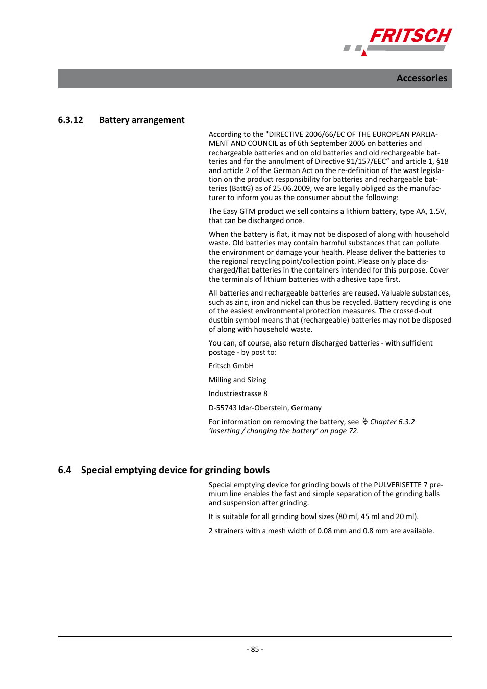 12 battery arrangement, 4 special emptying device for grinding bowls, Accessories | FRITSCH PULVERISETTE 7 premium line User Manual | Page 85 / 112