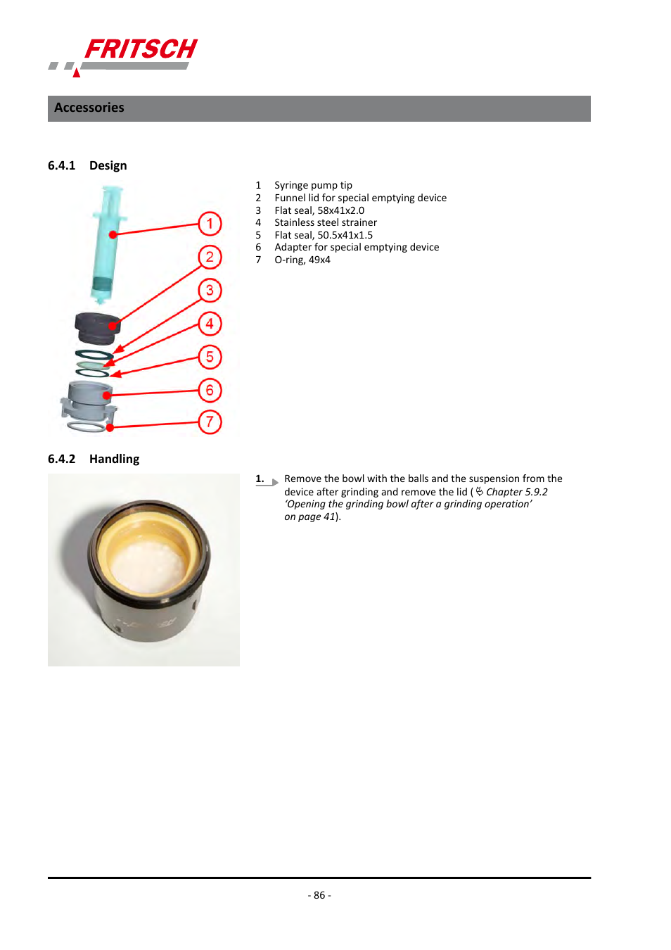 1 design, 2 handling, 1 design 6.4.2 handling | Accessories | FRITSCH PULVERISETTE 7 premium line User Manual | Page 86 / 112