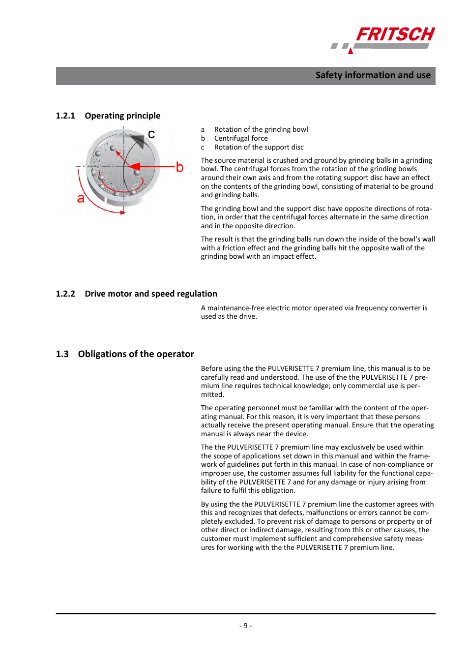 1 operating principle, 2 drive motor and speed regulation, 3 obligations of the operator | Safety information and use | FRITSCH PULVERISETTE 7 premium line User Manual | Page 9 / 112