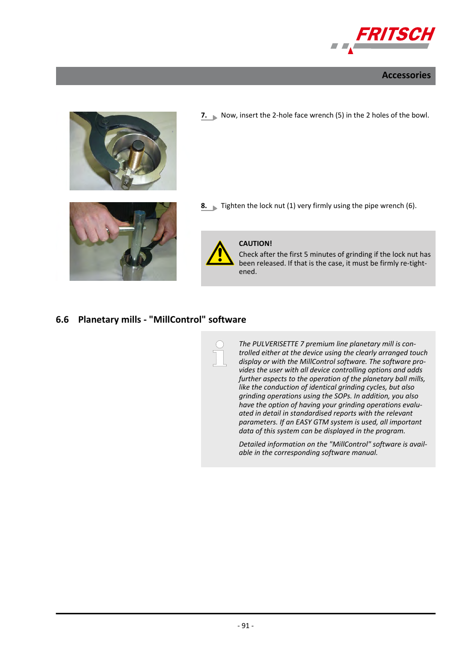 6 planetary mills - "millcontrol" software, Accessories | FRITSCH PULVERISETTE 7 premium line User Manual | Page 91 / 112