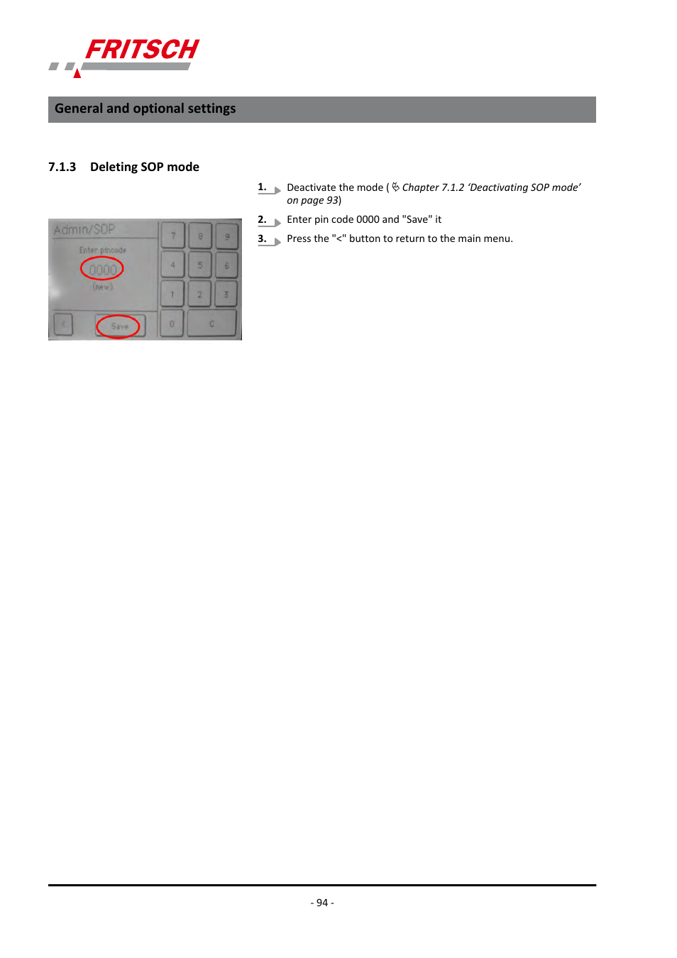 3 deleting sop mode, General and optional settings | FRITSCH PULVERISETTE 7 premium line User Manual | Page 94 / 112