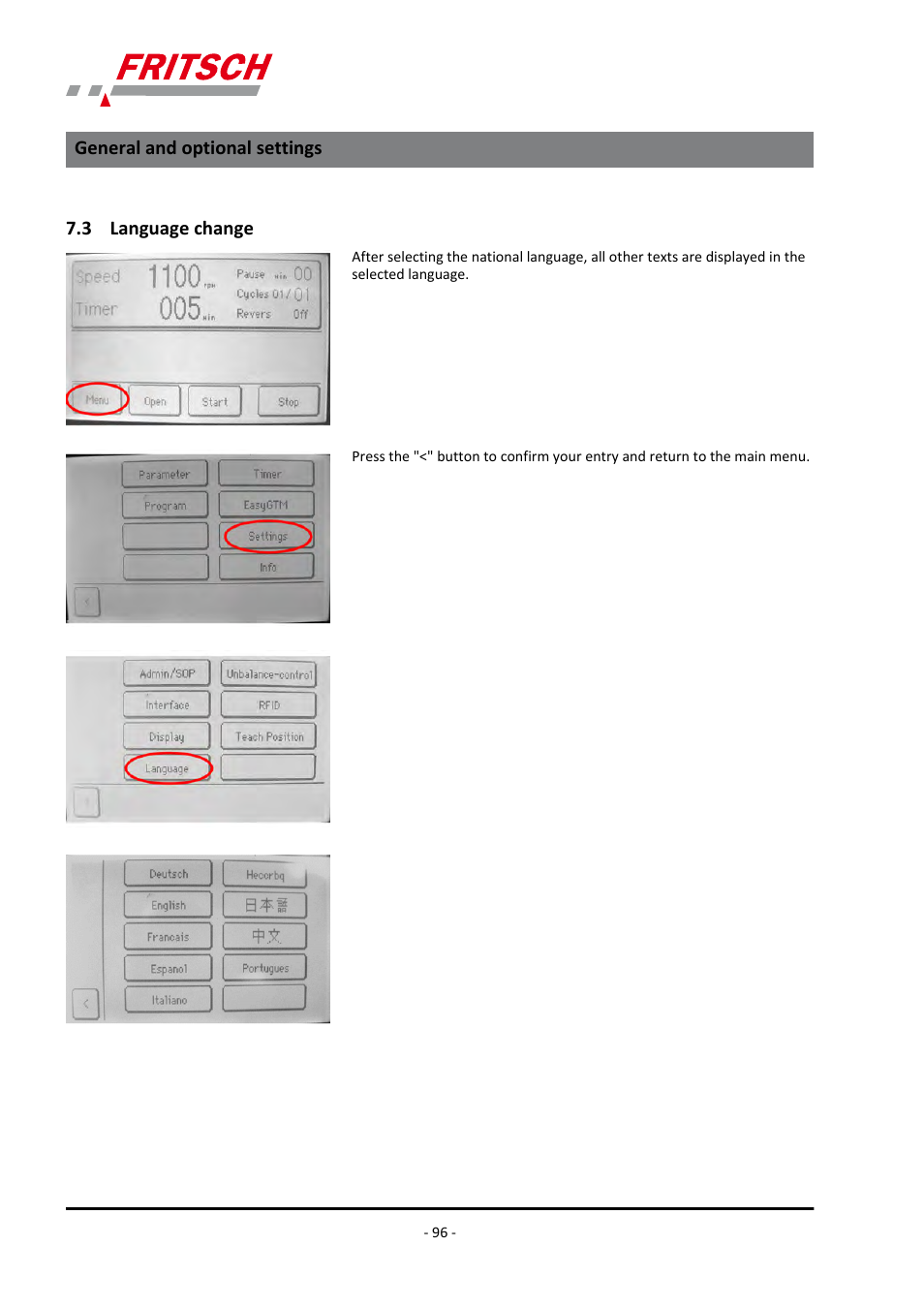 3 language change, General and optional settings | FRITSCH PULVERISETTE 7 premium line User Manual | Page 96 / 112