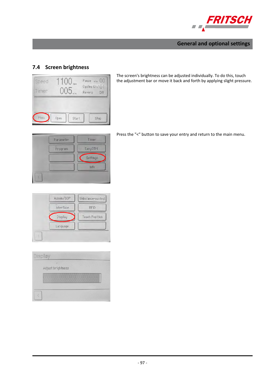 4 screen brightness, General and optional settings | FRITSCH PULVERISETTE 7 premium line User Manual | Page 97 / 112