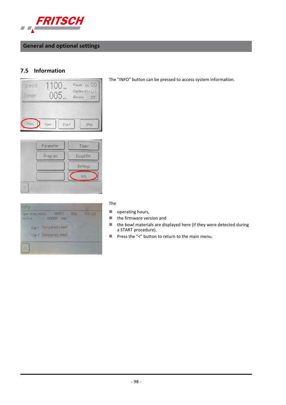 5 information, General and optional settings | FRITSCH PULVERISETTE 7 premium line User Manual | Page 98 / 112