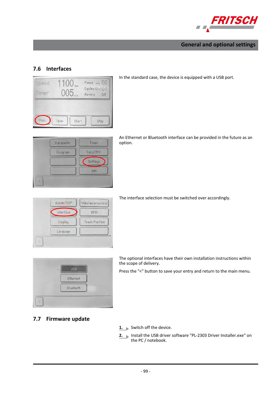 6 interfaces, 7 firmware update, 6 interfaces 7.7 firmware update | General and optional settings | FRITSCH PULVERISETTE 7 premium line User Manual | Page 99 / 112