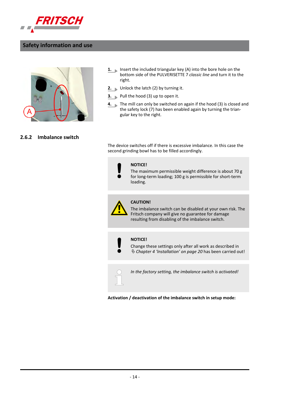 2 imbalance switch, Safety information and use | FRITSCH PULVERISETTE 7 classic line User Manual | Page 14 / 56