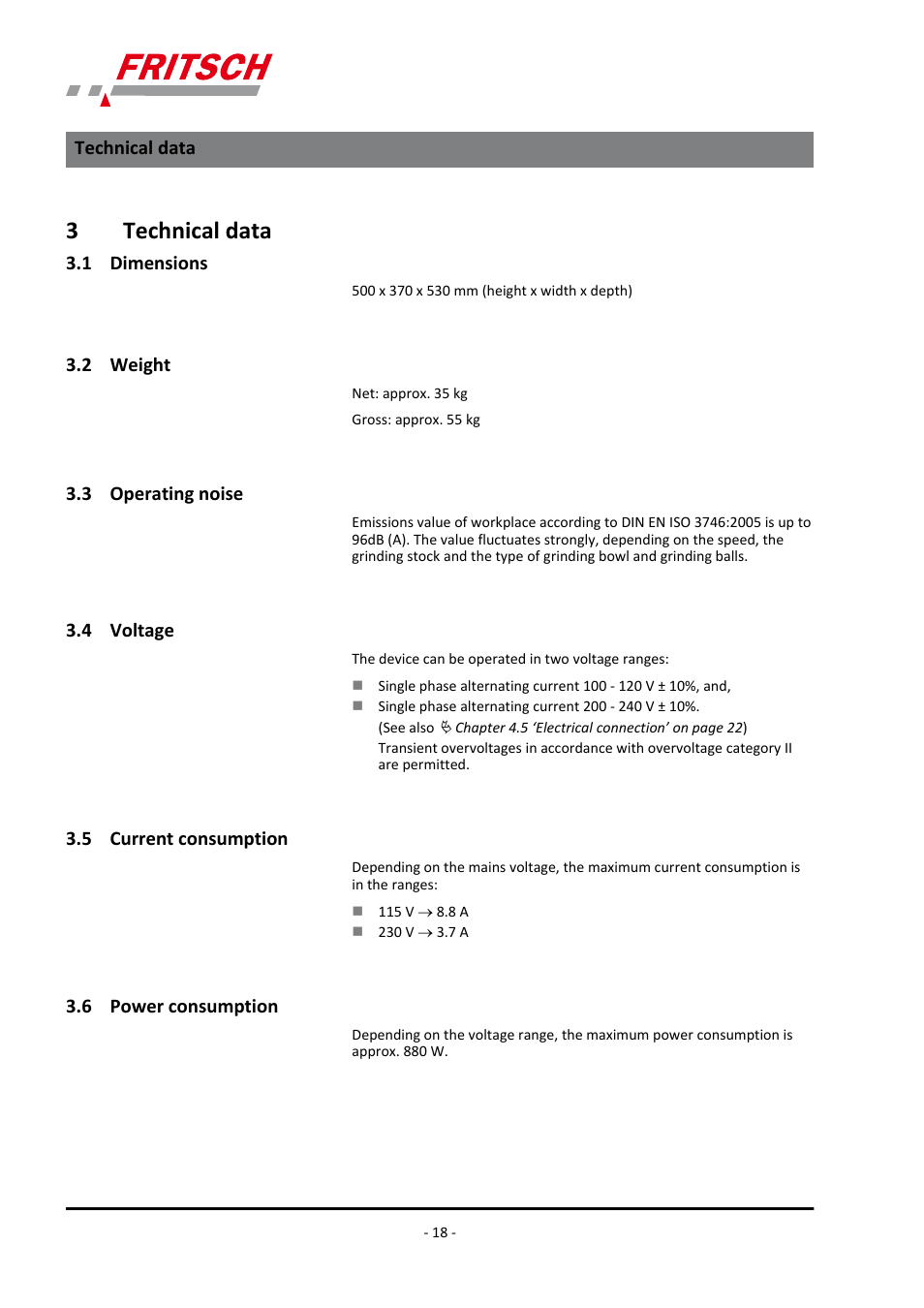 3 technical data, 1 dimensions, 2 weight | 3 operating noise, 4 voltage, 5 current consumption, 6 power consumption, 3technical data | FRITSCH PULVERISETTE 7 classic line User Manual | Page 18 / 56