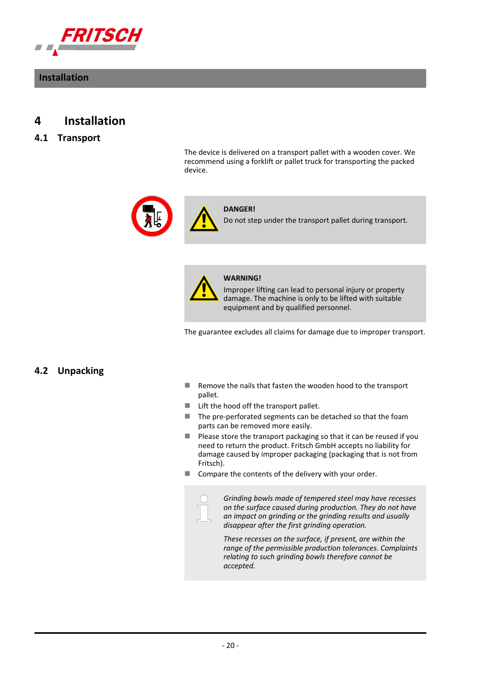 4 installation, 1 transport, 2 unpacking | Installation 4.1 transport 4.2 unpacking, 4installation | FRITSCH PULVERISETTE 7 classic line User Manual | Page 20 / 56