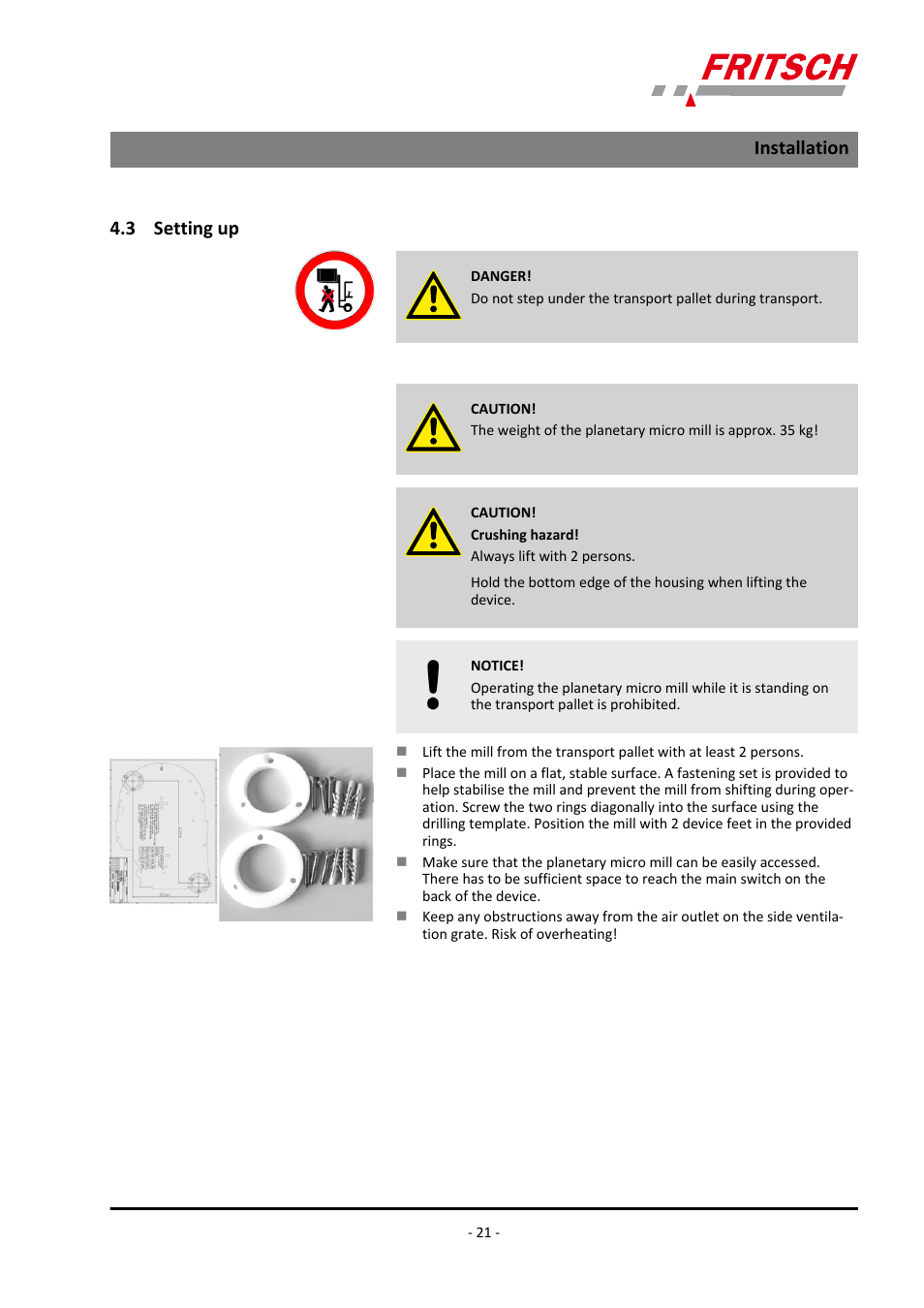 3 setting up, Installation | FRITSCH PULVERISETTE 7 classic line User Manual | Page 21 / 56