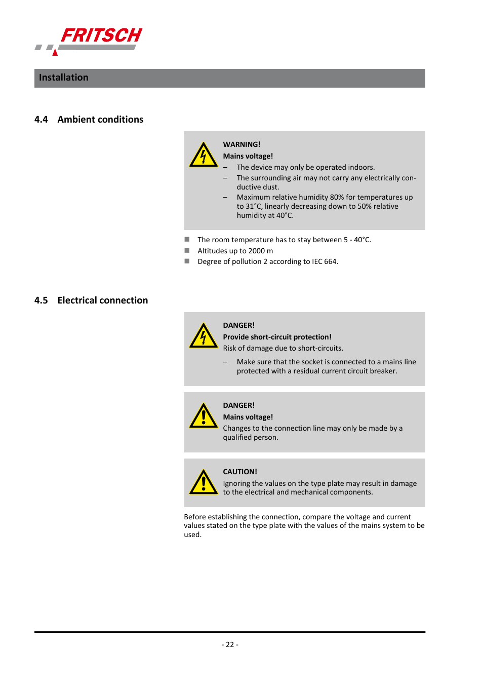 4 ambient conditions, 5 electrical connection, 4 ambient conditions 4.5 electrical connection | Installation | FRITSCH PULVERISETTE 7 classic line User Manual | Page 22 / 56