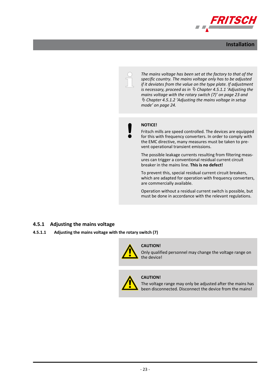 1 adjusting the mains voltage, Installation | FRITSCH PULVERISETTE 7 classic line User Manual | Page 23 / 56