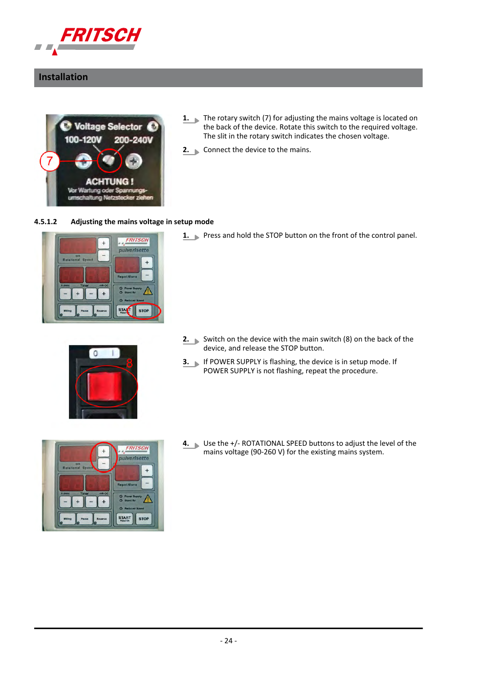 2 adjusting the mains voltage in setup mode, Installation | FRITSCH PULVERISETTE 7 classic line User Manual | Page 24 / 56