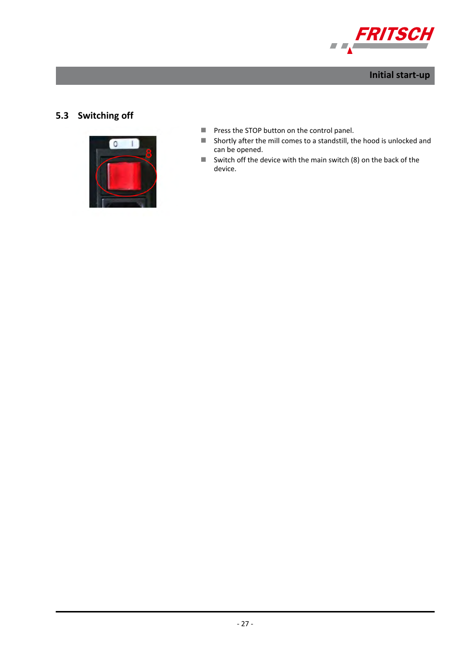 3 switching off, Initial start-up | FRITSCH PULVERISETTE 7 classic line User Manual | Page 27 / 56