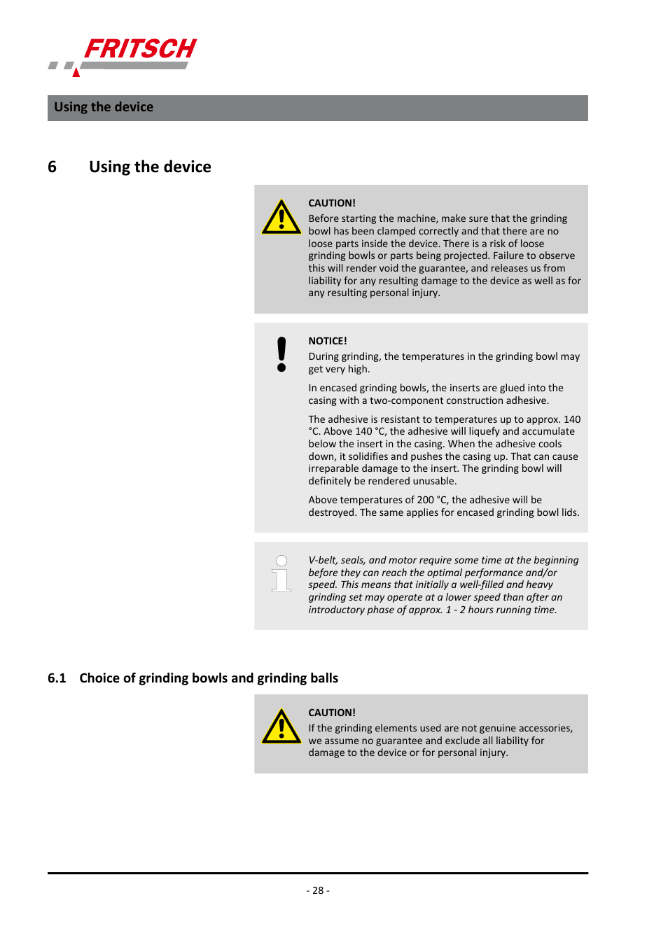 6 using the device, 1 choice of grinding bowls and grinding balls, 6using the device | FRITSCH PULVERISETTE 7 classic line User Manual | Page 28 / 56