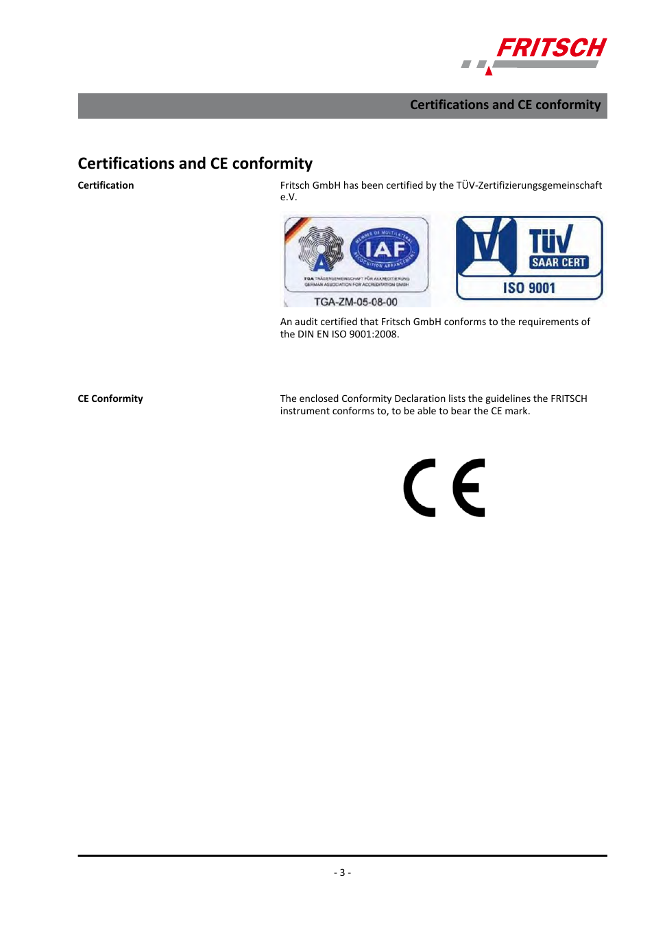 Certifications and ce conformity | FRITSCH PULVERISETTE 7 classic line User Manual | Page 3 / 56