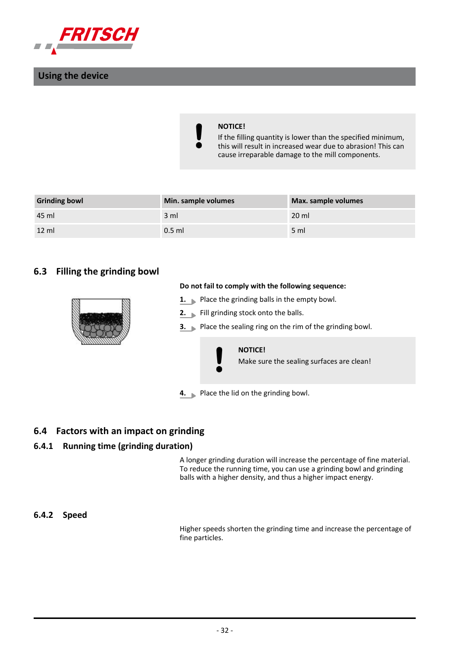 3 filling the grinding bowl, 4 factors with an impact on grinding, 1 running time (grinding duration) | 2 speed, Using the device | FRITSCH PULVERISETTE 7 classic line User Manual | Page 32 / 56