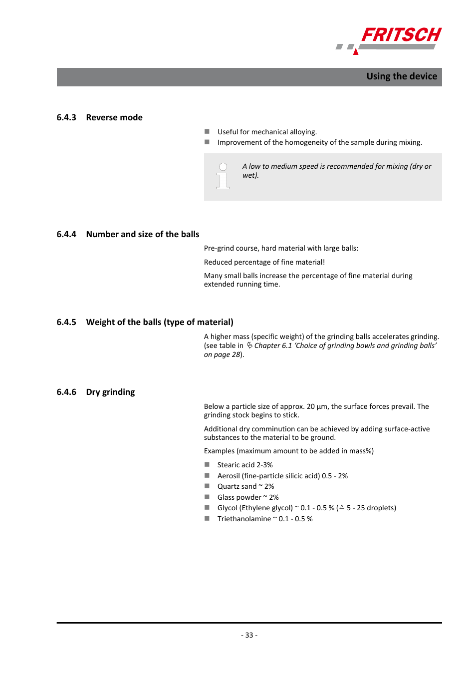 3 reverse mode, 4 number and size of the balls, 5 weight of the balls (type of material) | 6 dry grinding, Using the device | FRITSCH PULVERISETTE 7 classic line User Manual | Page 33 / 56