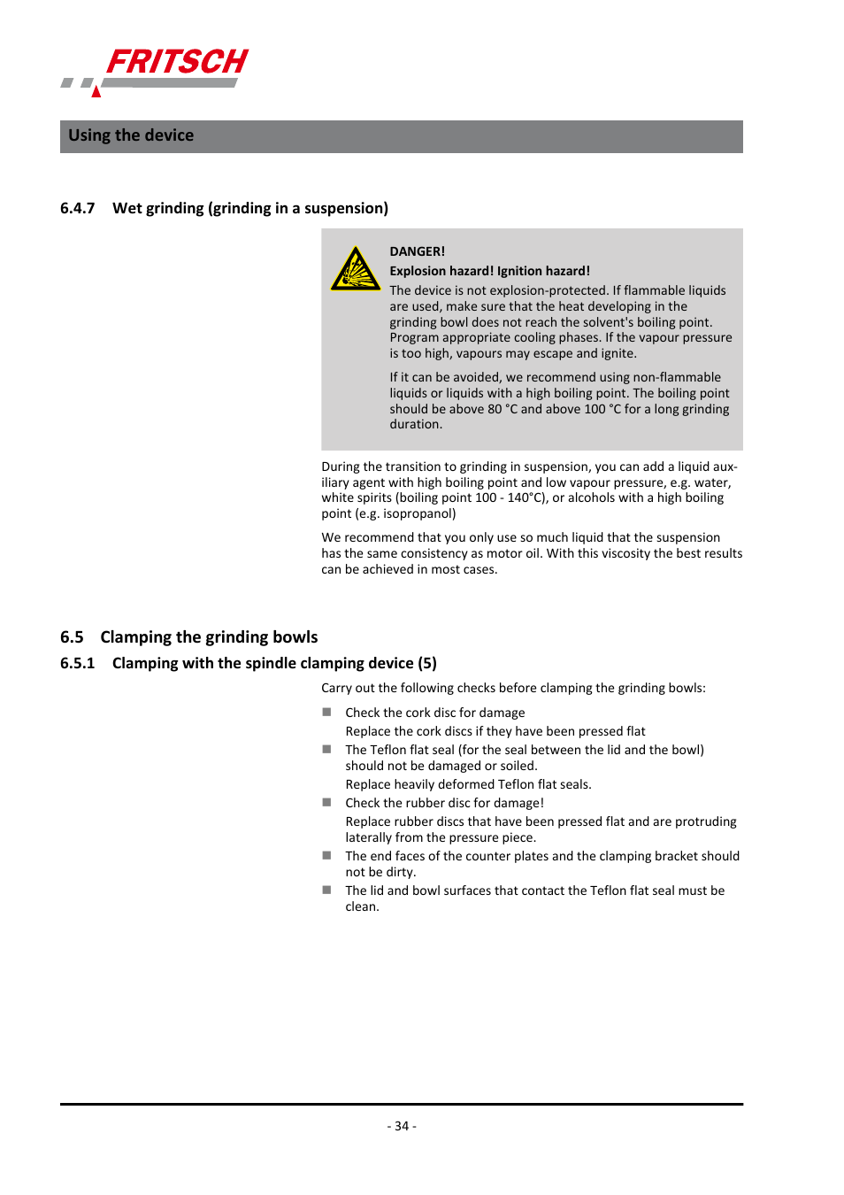 7 wet grinding (grinding in a suspension), 5 clamping the grinding bowls, 1 clamping with the spindle clamping device (5) | Using the device | FRITSCH PULVERISETTE 7 classic line User Manual | Page 34 / 56