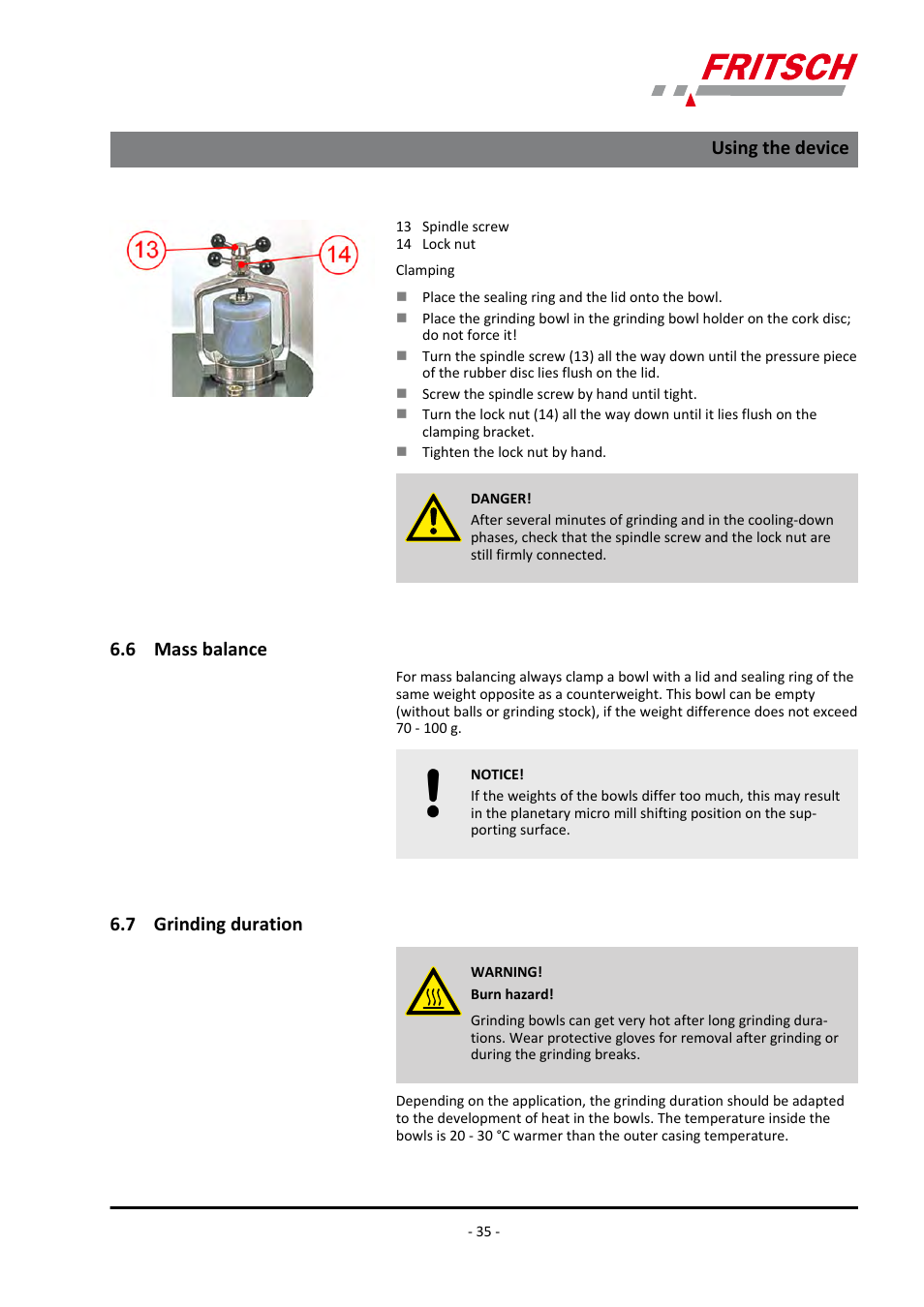 6 mass balance, 7 grinding duration, 6 mass balance 6.7 grinding duration | Using the device | FRITSCH PULVERISETTE 7 classic line User Manual | Page 35 / 56