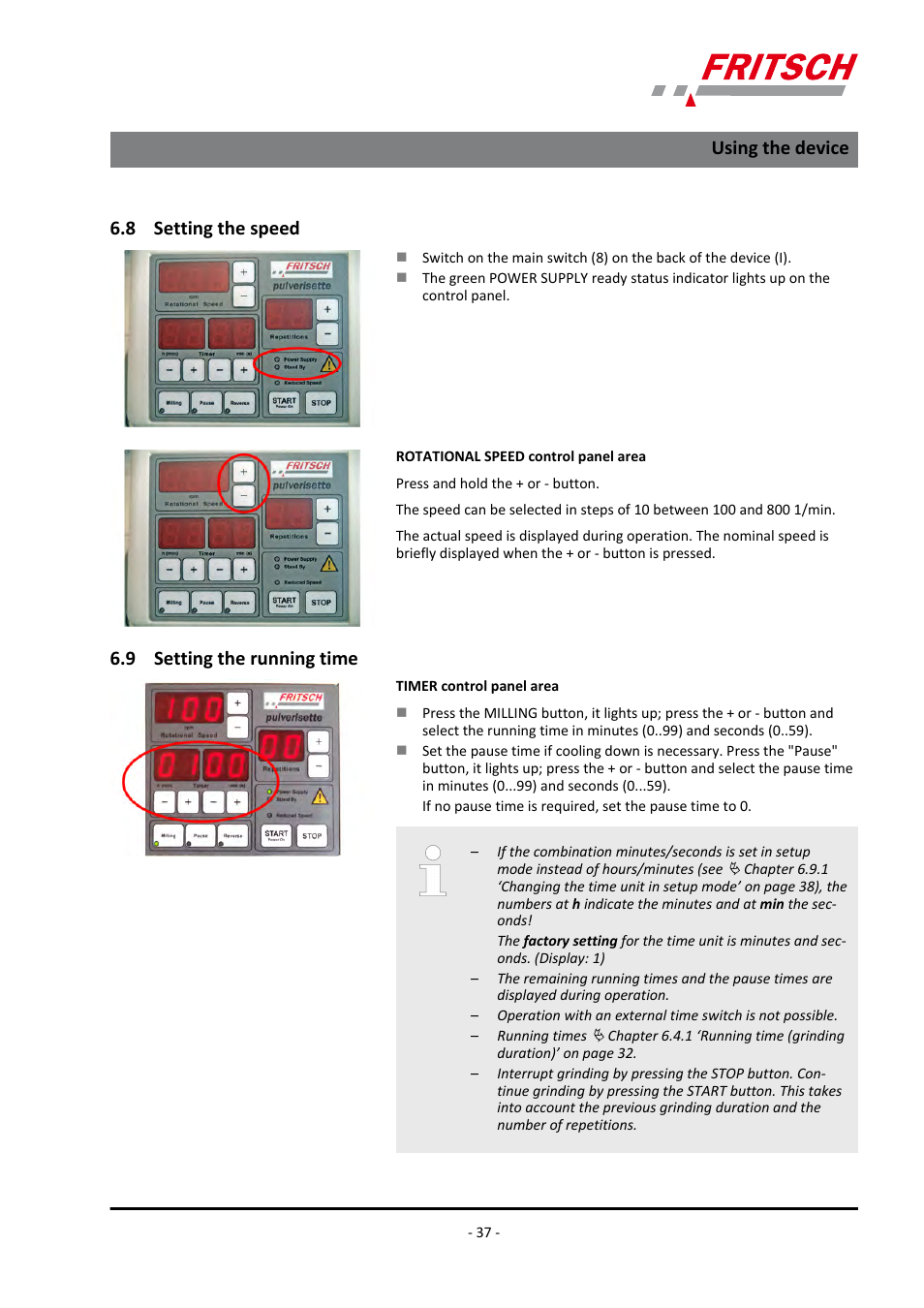 8 setting the speed, 9 setting the running time, 8 setting the speed 6.9 setting the running time | Ä chapter 6.8, Using the device | FRITSCH PULVERISETTE 7 classic line User Manual | Page 37 / 56