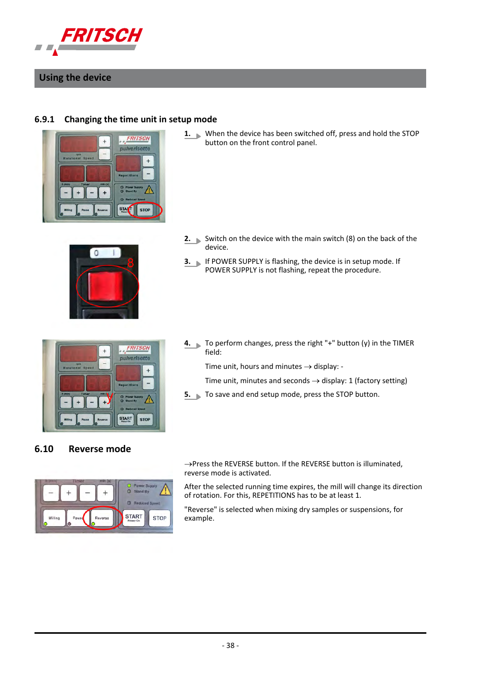 1 changing the time unit in setup mode, 10 reverse mode, Ä chapter 6.9.1 | Using the device | FRITSCH PULVERISETTE 7 classic line User Manual | Page 38 / 56