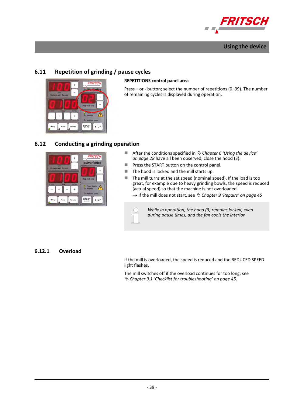 11 repetition of grinding / pause cycles, 12 conducting a grinding operation, 1 overload | Using the device | FRITSCH PULVERISETTE 7 classic line User Manual | Page 39 / 56