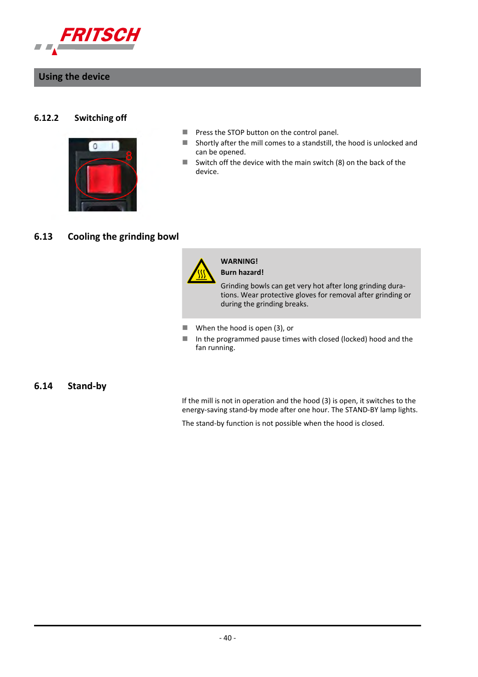 2 switching off, 13 cooling the grinding bowl, 14 stand-by | Using the device | FRITSCH PULVERISETTE 7 classic line User Manual | Page 40 / 56