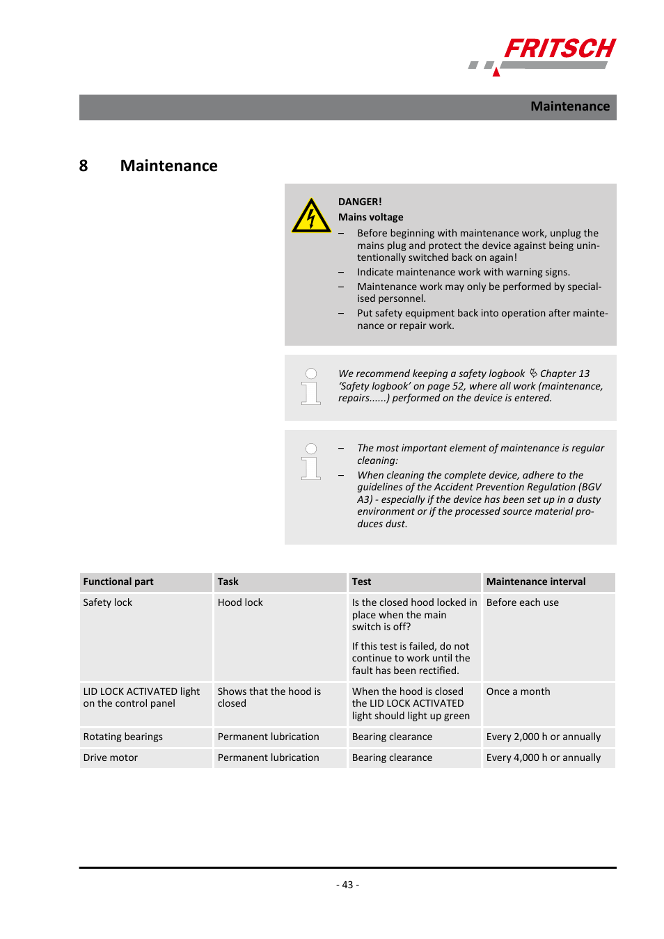 8 maintenance, Maintenance, 8maintenance | FRITSCH PULVERISETTE 7 classic line User Manual | Page 43 / 56