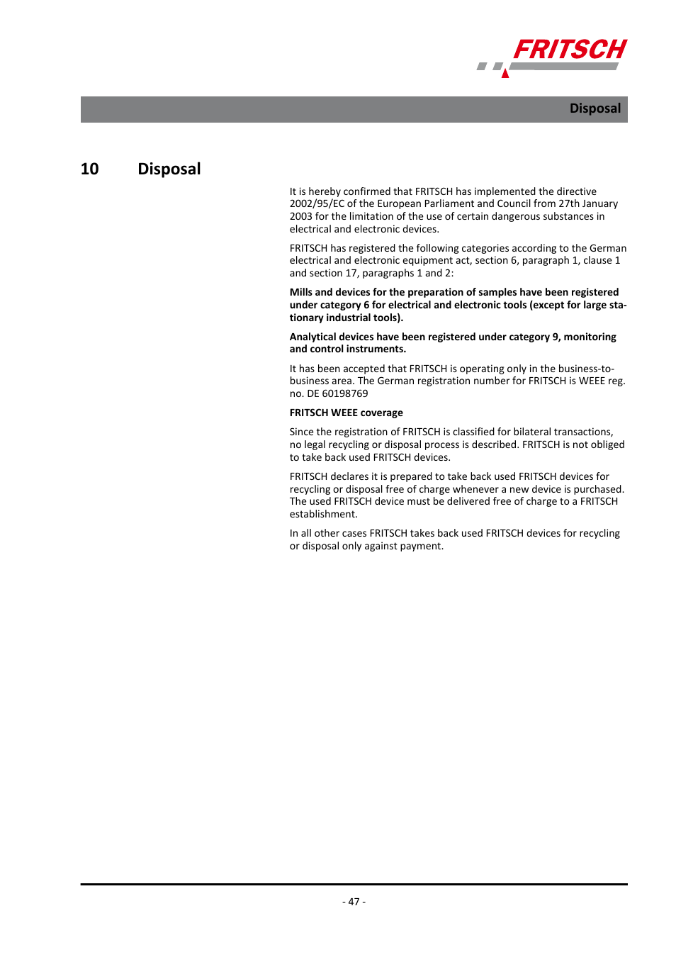 10 disposal, Disposal | FRITSCH PULVERISETTE 7 classic line User Manual | Page 47 / 56